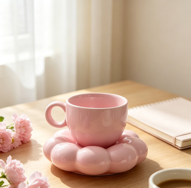 Pink Flower Shape Ceramic Cup And Saucer Set