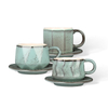 Rustic Mint Green Crackle Glaze Embossed Ceramic Cup & Saucer Sets, Vintage Textured Coffee Mugs
