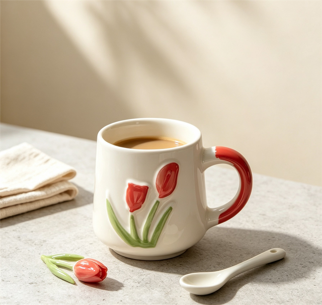 Embossed Red Tulip Ceramic Mug