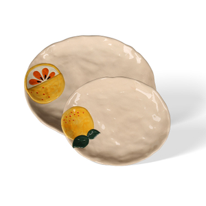 3D Hand Painted Lemon Orange Ceramic Plates, Wavy Edge Cream Textured Dinner Plates