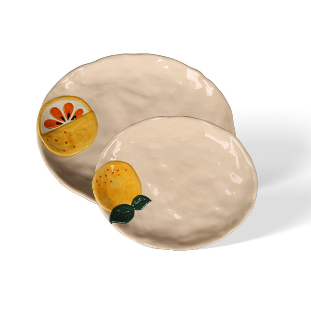 3D Hand Painted Lemon Orange Ceramic Plates, Wavy Edge Cream Textured Dinner Plates