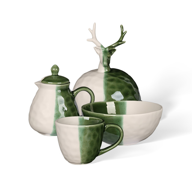 Two-tone Reactive Glaze Handmade Ceramic Tableware Collection, Hammered Texture Green Ceramic Dinnerware Set