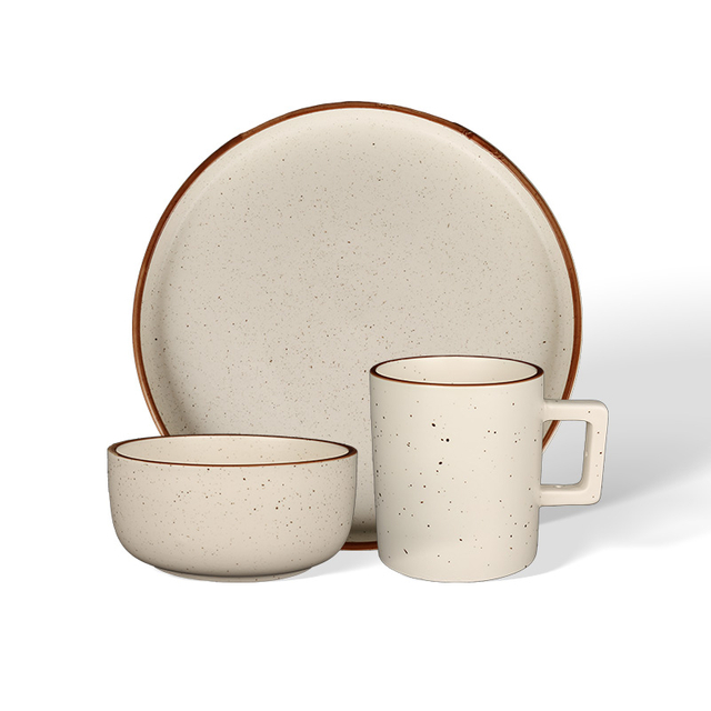 Speckled Ceramic Dinnerware Set, Mug Plate Bowl With Brown Rim