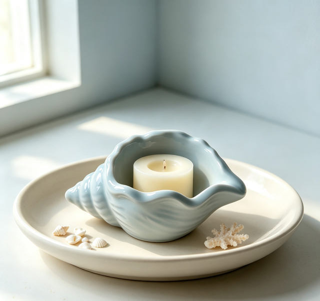 Seashell Shaped Light Blue Ceramic Tealight Holder, Nautical Tabletop Candle Decor for Home Wedding Party