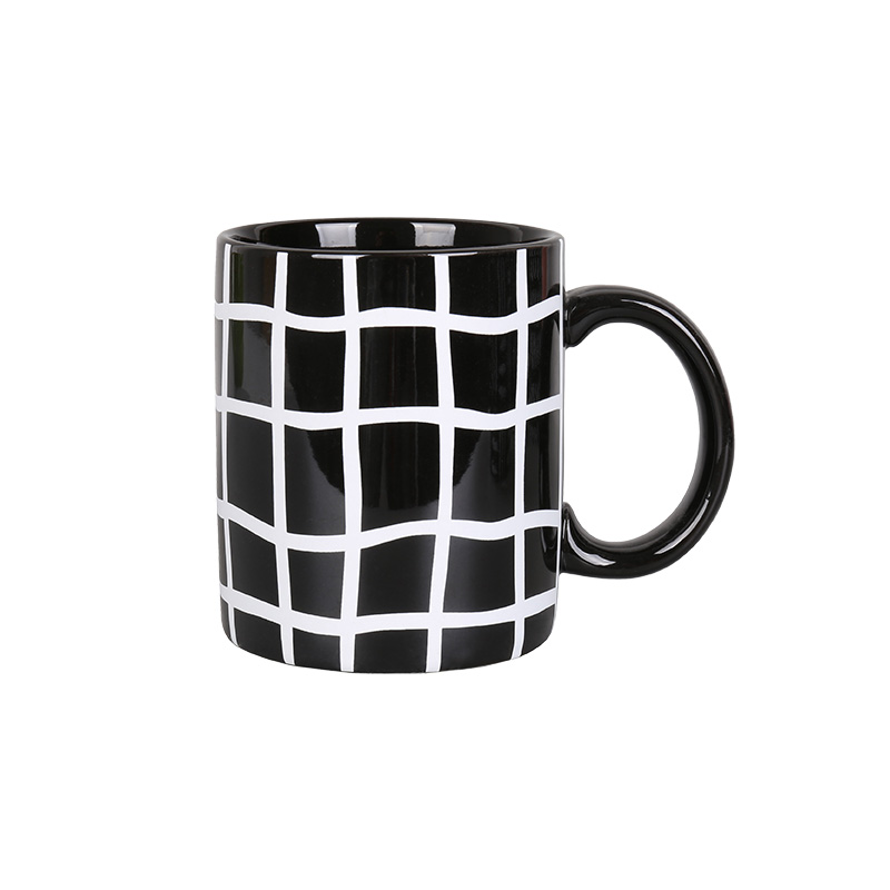 Minimalist Black White Geometric Print Ceramic Mugs, Modern Abstract Line Coffee Cups Set