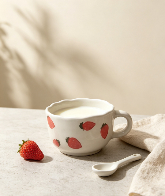 Scalloped Rim Strawberry Print Ceramic Mug