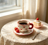 Red Heart Wavy Rim Ceramic Cup And Saucer Set