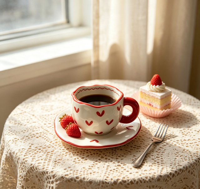 Red Heart Wavy Rim Ceramic Cup And Saucer Set