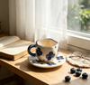 Vintage Blue Floral Irregular Ceramic Cup And Saucer Set