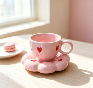Pink Heart Flower Ceramic Cup And Saucer Set