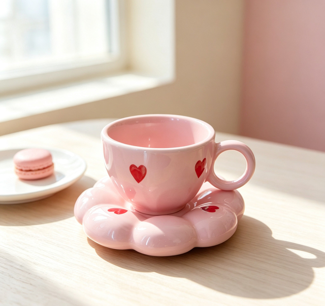 Pink Heart Flower Ceramic Cup And Saucer Set