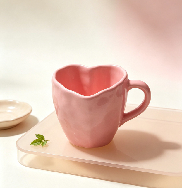 Pink Heart‑Shaped Pinched Texture Ceramic Mug