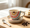 Bohemian Painted Ceramic Cup And Square Saucer Set