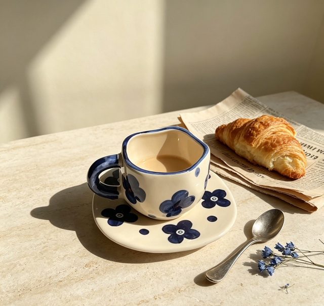 Vintage Blue Floral Irregular Ceramic Cup And Saucer Set