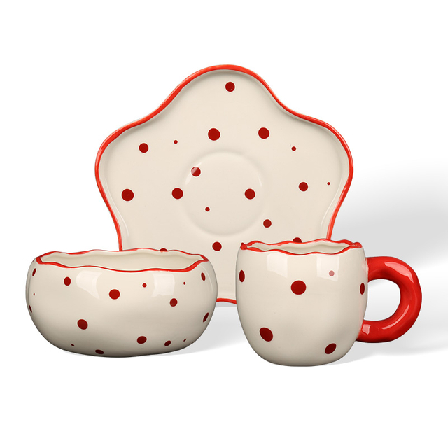 Polka Dot & Floral Wavy Rim Ceramic Cup Bowl Saucer Set