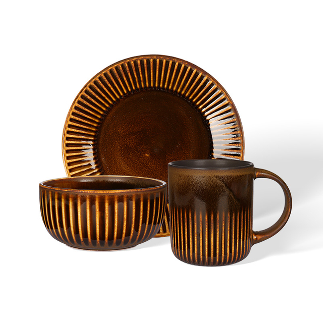 Ribbed Reactive Glaze Ceramic Tableware Set, Striped Ceramic Mugs, Bowls & Plates