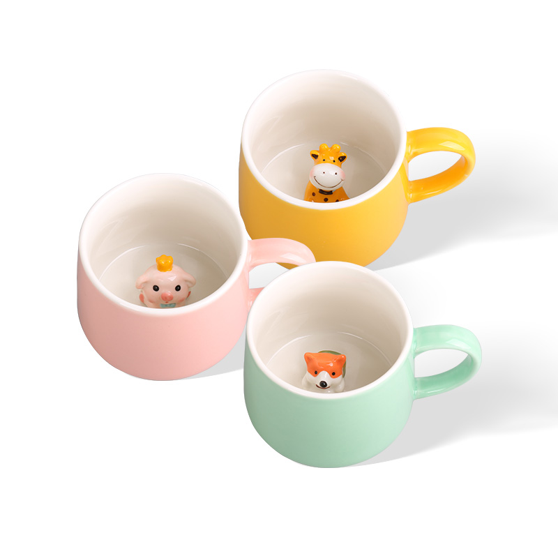 Novelty Hidden 3D Animal Inside Ceramic Mugs, Colorful Cute Cartoon Surprise Coffee Cups