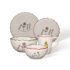 Hand‑Painted Floral Ceramic Tableware Set, Wavy Rim Dinnerware Collection