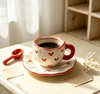 Red Heart Wavy Rim Ceramic Cup And Saucer Set