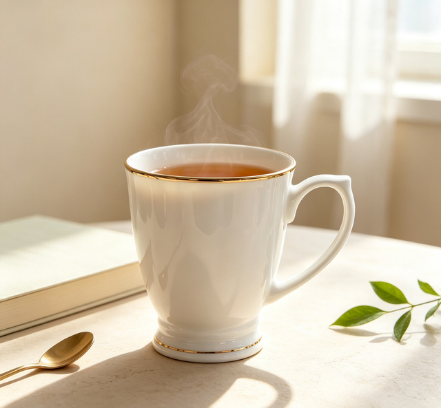 White Vertical Fluted Ceramic Mug With Gold Rim